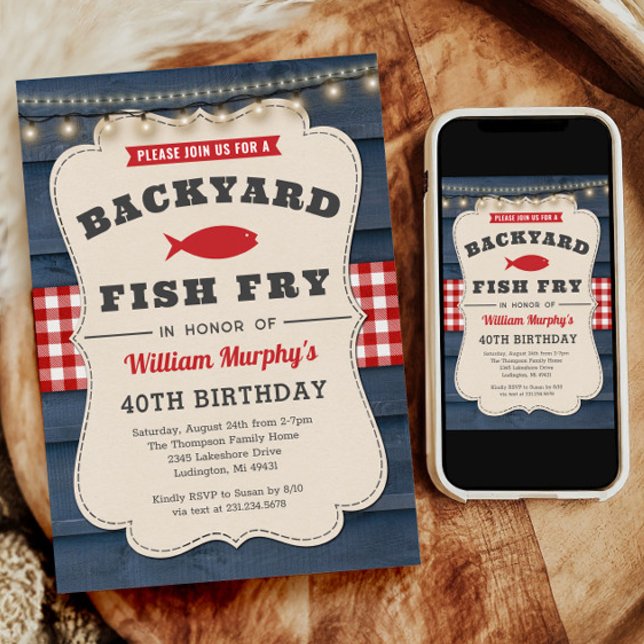 Bjud in fisk från bakgården 40:e födelsedagsinbjud inbjudningar (Backyard Fish Fry 40th Birthday Invitation)
