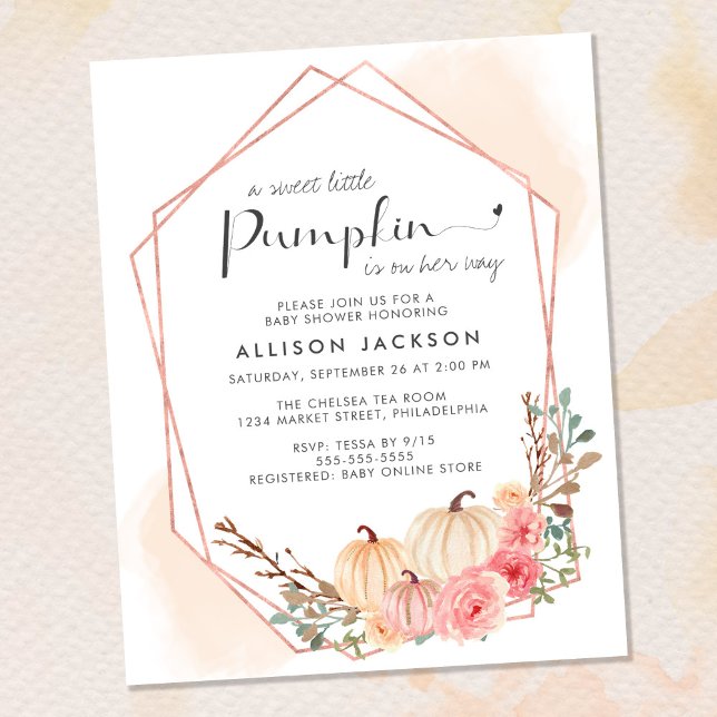 Bjud in Flicka-visningsprogram för Blommigten (Celebrate the upcoming arrival of your sweet little autumn baby with a pumpkin-themed baby shower)
