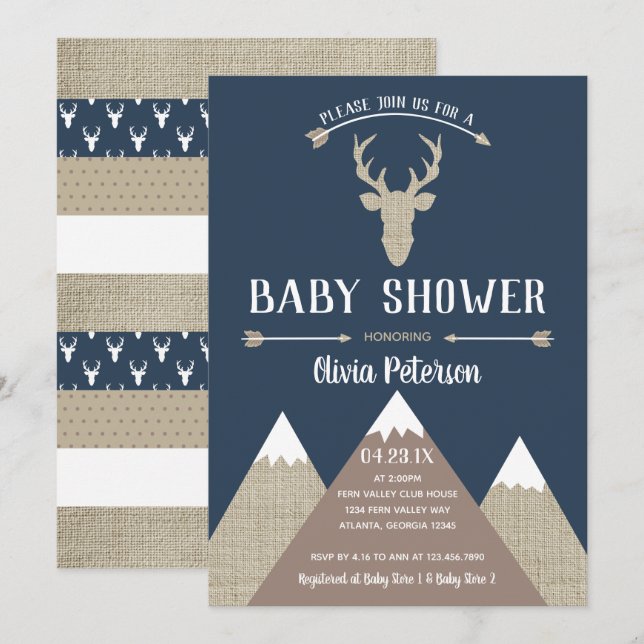 Bjud in för Woodland Hjort Baby Shower, Burlap Inbjudningar (Fram/baksida)