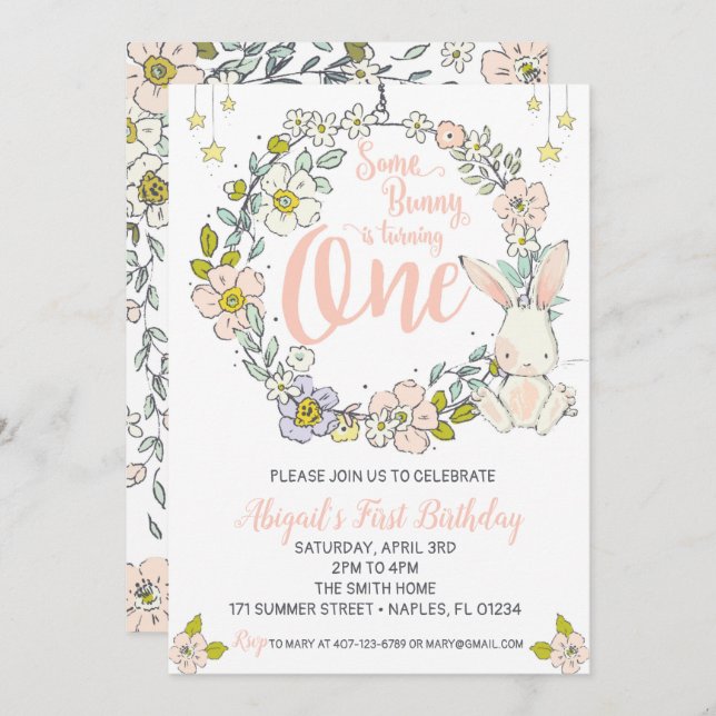 Bjud in från Bunny Första födelsedag Inbjudningar (Fram/baksida)