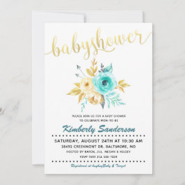 Bjud in från Guld Rand Teal Blommigt Baby Shower Inbjudningar