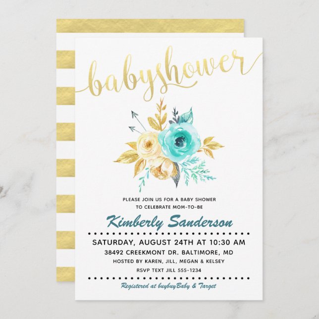Bjud in från Guld Rand Teal Blommigt Baby Shower Inbjudningar (Fram/baksida)