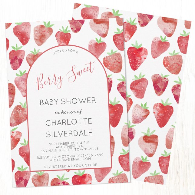 Bjud in från jordgubbsberry, sötad babykläder inbjudningar (Berry Sweet watercolor strawberry pattern custom text baby shower invitation)