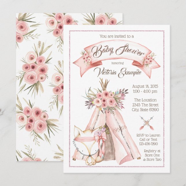 Bjud in från TeePee Fox Girl Tribal Baby Shower Inbjudningar (Fram/baksida)