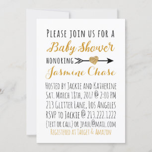 Bjud in glitter Guld Heart Arrow Baby Shower Inbjudningar