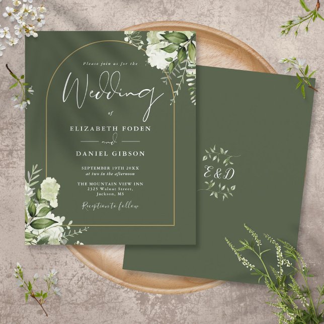 Bjud in Guld-bröllopsinbjudan för Oliv grönt Blomm (Budget Olive Green Floral Gold Arch Wedding Invite)