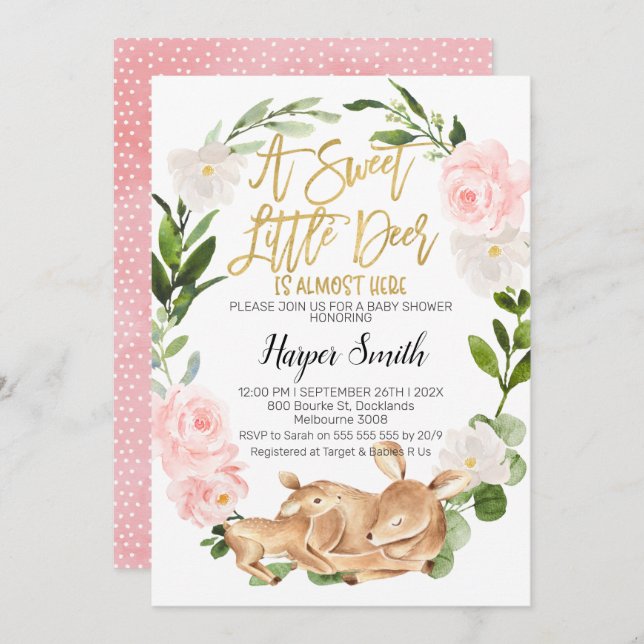 Bjud in Hjorten Baby Shower för Blommigt för barn Inbjudningar (Fram/baksida)