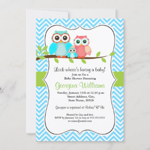 Bjud in i Cute Uggla Baby Shower/Blue Grönt Inbjudningar