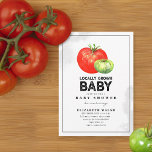 Bjud in inbjuden till lokalt odlad Baby-vattenfärg Inbjudningar<br><div class="desc">Den ryska jordbrukarens marknad inspirerade till ett könsneutralt tema för babydusch med en röd tomat och grönt över vit bakgrund med svart text.</div>