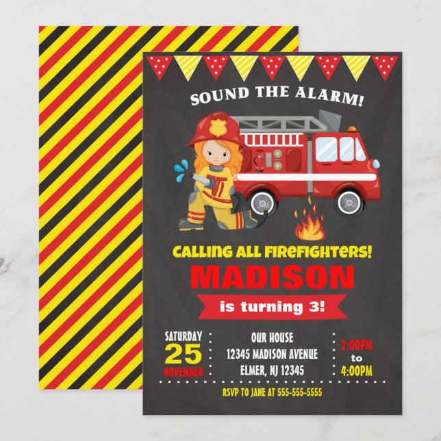 Bjud in jakobiljejobb från Firefighter Birthday Gi Inbjudningar (Fram/baksida)