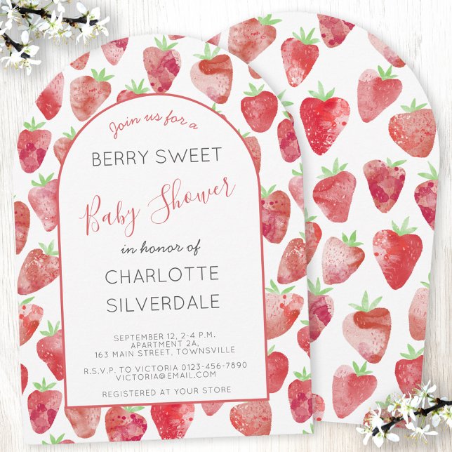 Bjud in jordgubbsskuvel inbjudningar (Strawbery watercolor Berry Sweet arch shaped personalized baby shower invitation )