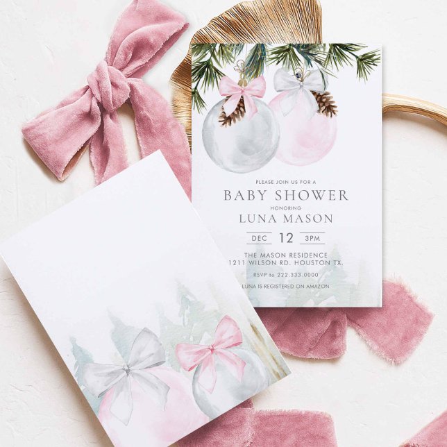 Bjud in julflicka i babyskidåkning inbjudningar (Pink Christmas Winter Girl Baby Shower Invitation)
