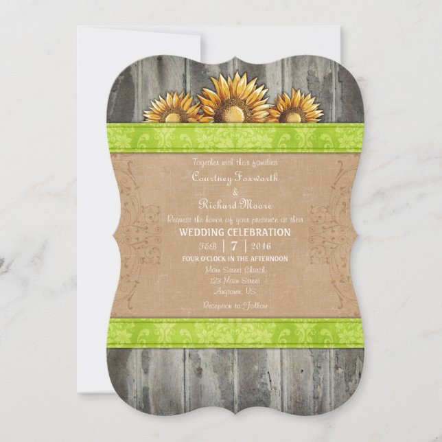 Bjud in Lime Green Brown Rustic SunblomWedding Inbjudningar (Framsida)