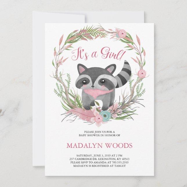 Bjud in med Cute Woodland Raccoon Baby Shower Inbjudningar (Framsida)