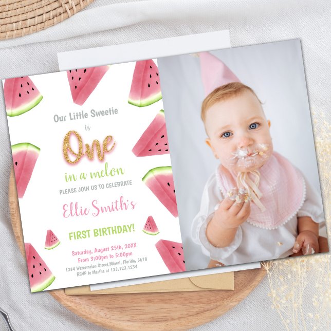 Bjud in med foto från glitter Watermelon Birthday  Inbjudningar (Glitter Watermelon Birthday Invitations w photo)