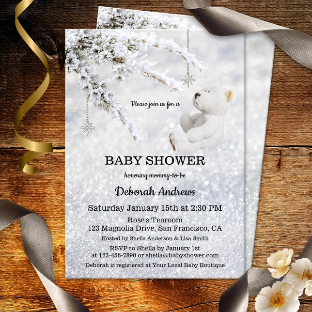 Bjud in med mousserande Snö-vinter-babyskor Inbjudningar (Dreamy and magical gender neutral baby shower invitation with a teddy bear in a sparkling snow scene)