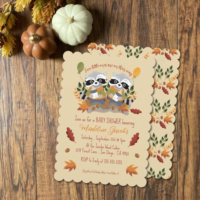 Bjud in med Tvillingtvättar, babyskor Inbjudningar (Adorable raccoons autumn baby shower invitation for twin boys or girls .)