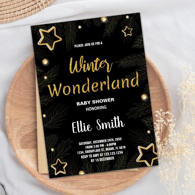 Bjud in på Winter Baby Shower Golden Star Black Inbjudningar (Winter Baby Shower Invitations Golden Star Black)