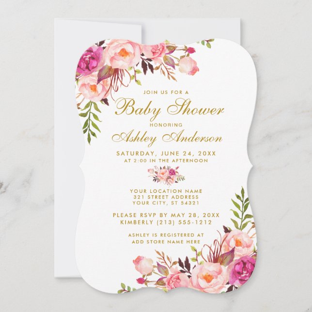 Bjud in rosa  Guld Blommigt Baby Shower B Inbjudningar (Framsida)