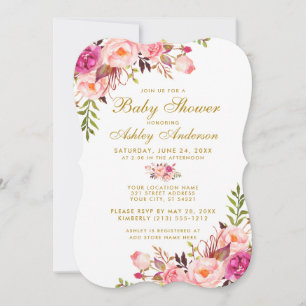 Bjud in rosa Guld Blommigt Baby Shower B Inbjudningar