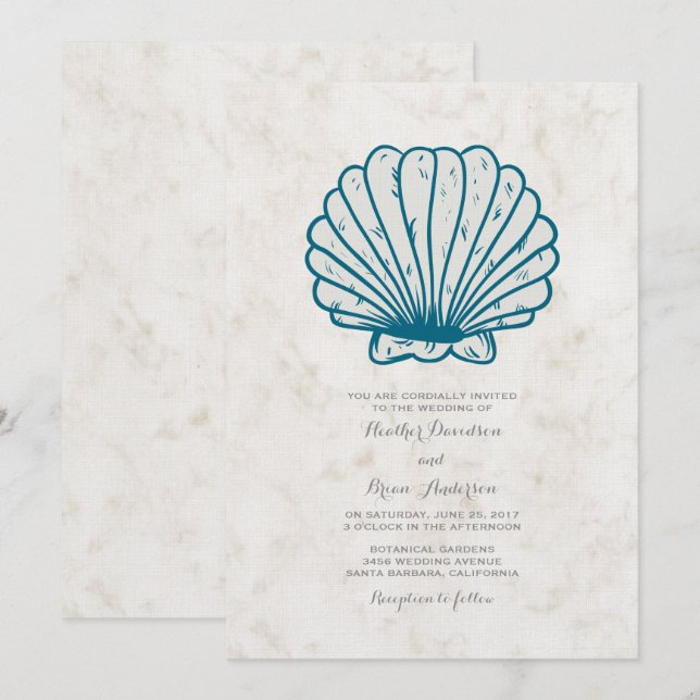 Bjud in royal Blue Rustic Seashell Wedding Inbjudningar (Fram/baksida)