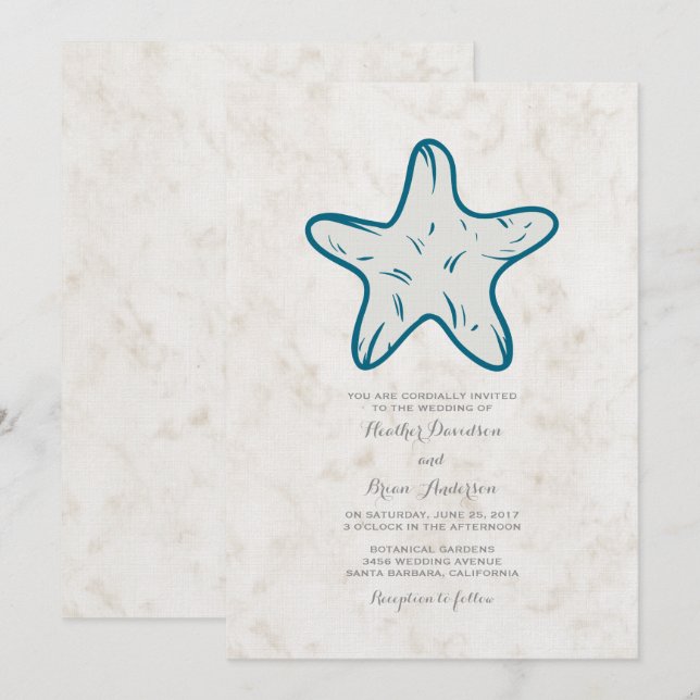 Bjud in royal Blue Rustic Starfish Wedding Inbjudningar (Fram/baksida)