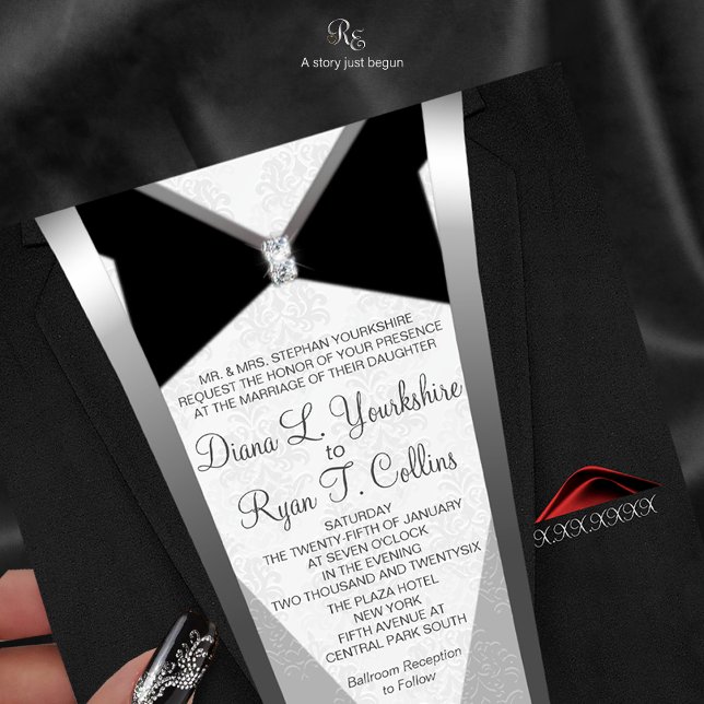 Bjud in svart färgdiameter inbjudningar (Black Tie Diamond invitation with elegant wording framed in timeless tuxedo.)