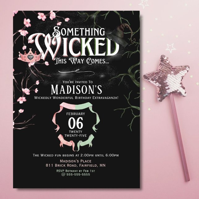 Bjud in tema på födelsedagsinbjudan inbjudningar (Enchanting Wicked-themed birthday invite with a magical, moody, and spellbinding design.)
