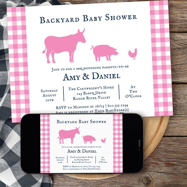 Bjud in till Backyard Baby Shower Rustic Rosa Navy Inbjudningar (Backyard BBQ girls baby shower  invitation from my rustic farmhouse BBQ collection
)