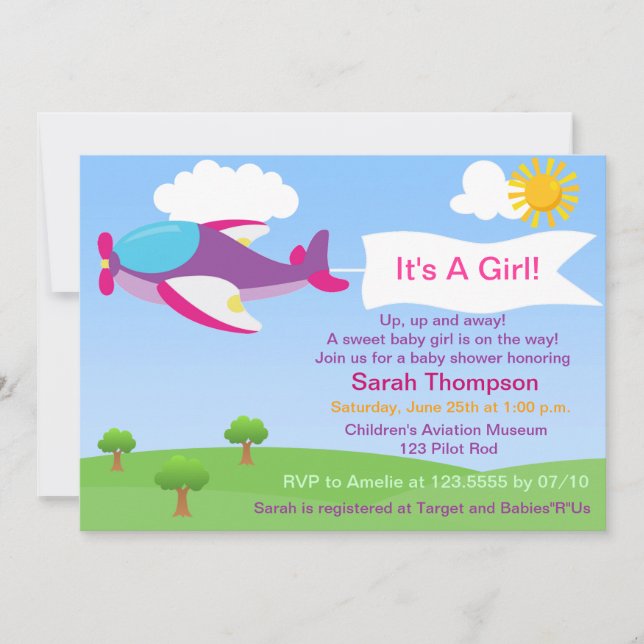 Bjud in till Cute Airplan Girl Baby Shower Inbjudningar (Framsida)