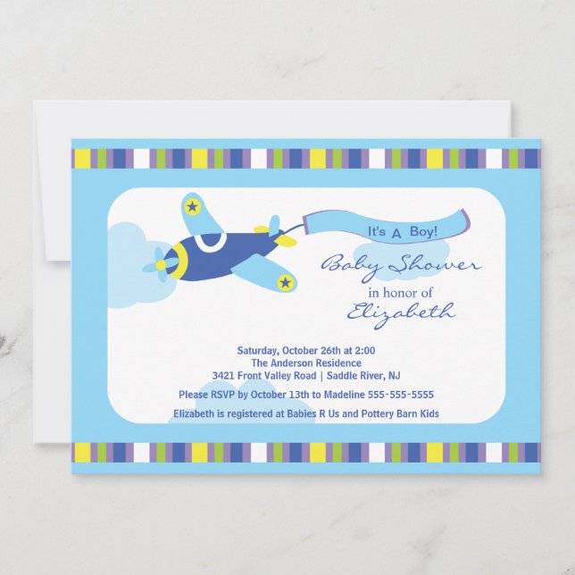 Bjud in till Cute Blue Airplan Boy Baby Shower Inbjudningar (Framsida)