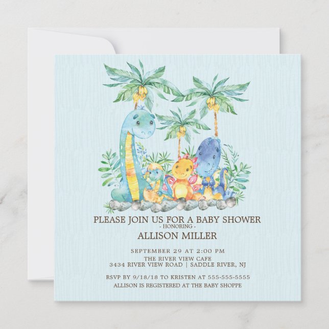 Bjud in till Cute Dinosaur Boys Baby Shower Inbjudningar (Framsida)
