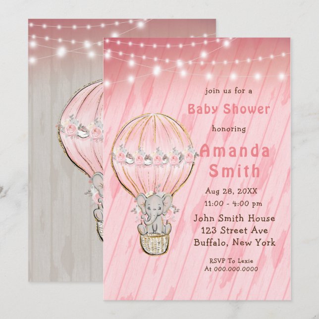 Bjud in till Cute Elephant Luftballong Baby Shower Inbjudningar (Fram/baksida)