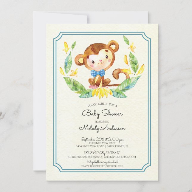 Bjud in till Cute Jungle Monkey Boys Baby Shower Inbjudningar (Framsida)
