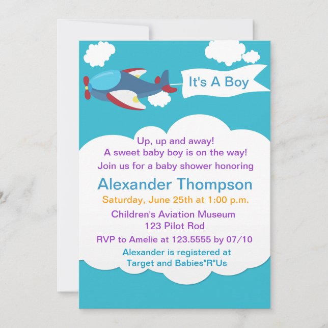 Bjud in till Cute Little Airplan Boy Baby Shower Inbjudningar (Framsida)