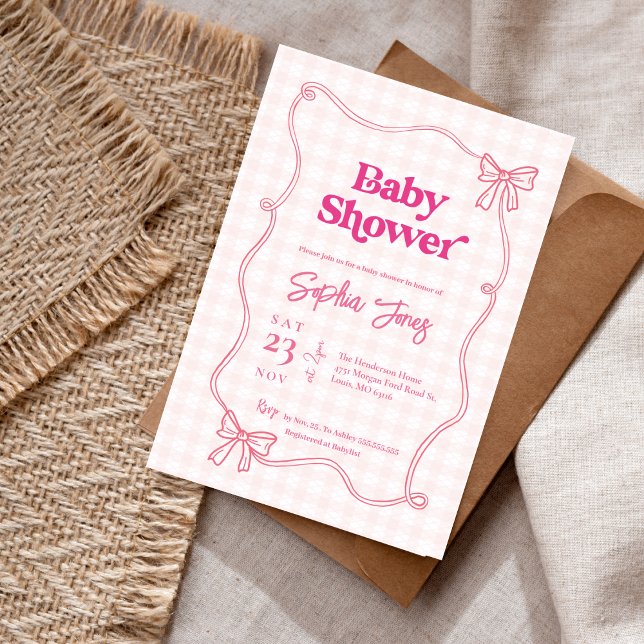 Bjud in till Cute Modern Rosa Bow Baby Shower Inbjudningar (Skapare uppladdad)