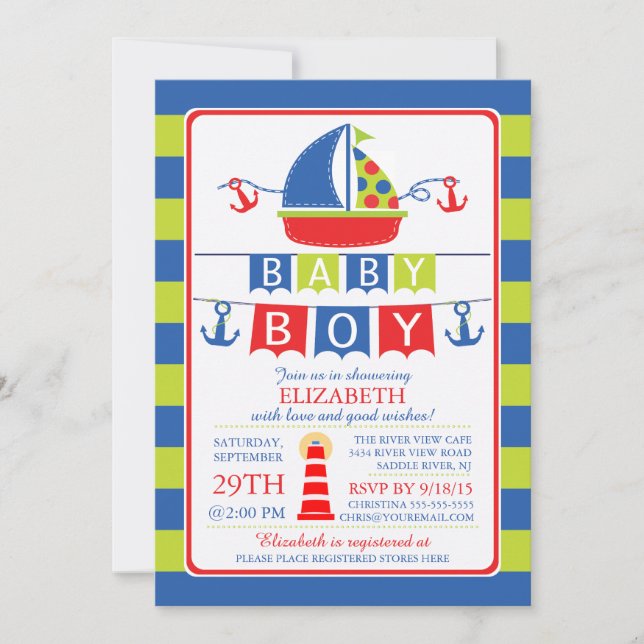 Bjud in till Cute Sailboat-Boy Baby Shower Inbjudningar (Framsida)