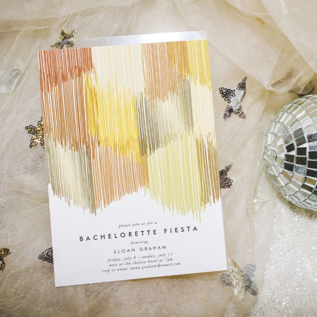 Bjud in till Golden Modern Fringe Bachelorette-par Spara Datumet (Golden yellow modern fringe bachelorette party invitation.)