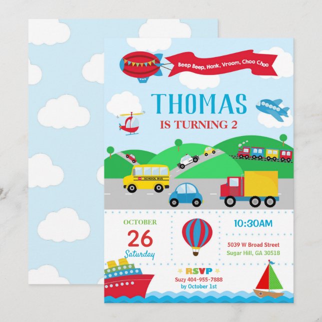 Bjud in transport på födelsedagen inbjudningar (Fram/baksida)