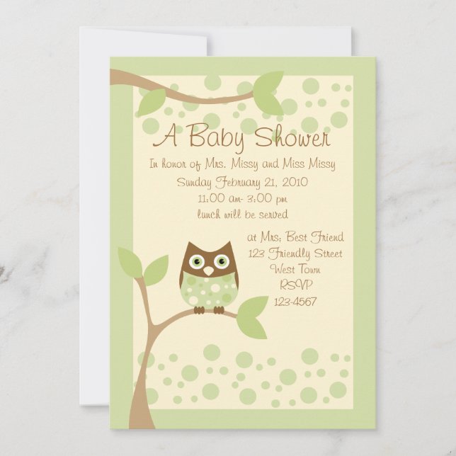 Bjud in Uggla Baby Shower från mjuk Grönt Inbjudningar (Framsida)