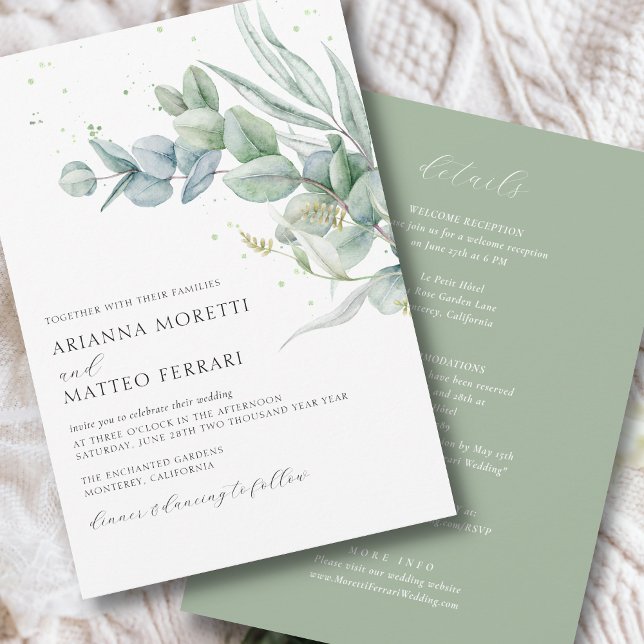 Bjud med botaniskt skräppost med OSA Inbjudningar (Modern  wedding invitation with elegant eucalyptus greenery including details and RSVP on back)