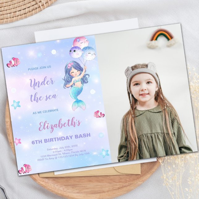 Bjud med foto från 6e Sjöjungfru på födelsedagen Inbjudningar (6th Mermaid Birthday Invitations with photo)