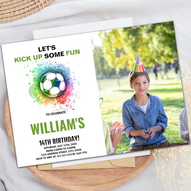 Bjud med foto på vattenfärgsfotboll inbjudningar (Watercolor Soccer Birthday Invitations with photo)