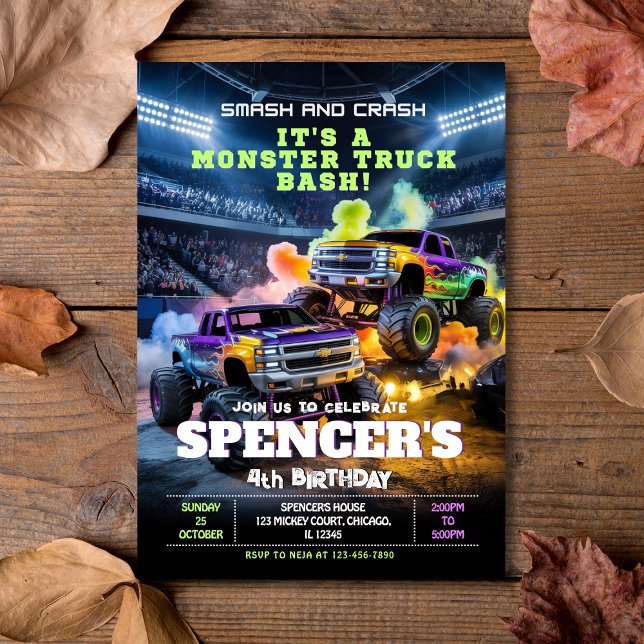 Bjud- och kraschmonster i Lastbil på födelsedagsin Inbjudningar (Smash & Crash Monster Truck Birthday Invitation
)