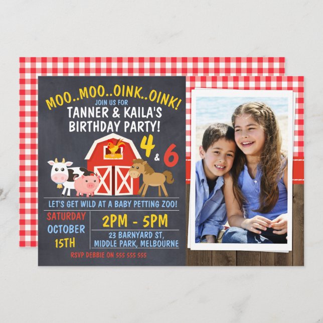 Bjud på Barnyard Chalkboard-födelsedagsinbjudan Inbjudningar (Fram/baksida)