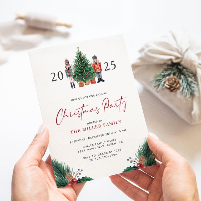 Bjud på Botaniska julfestet Inbjudningar (2025 Nutcracker Watercolor Botanical Christmas Party Invitations by Painted Paperie
)