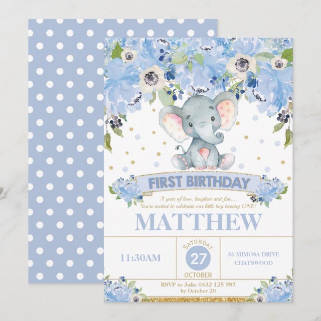 Bjud på födelsedag: Cute Elephant Blue Inbjudningar (Fram/baksida)