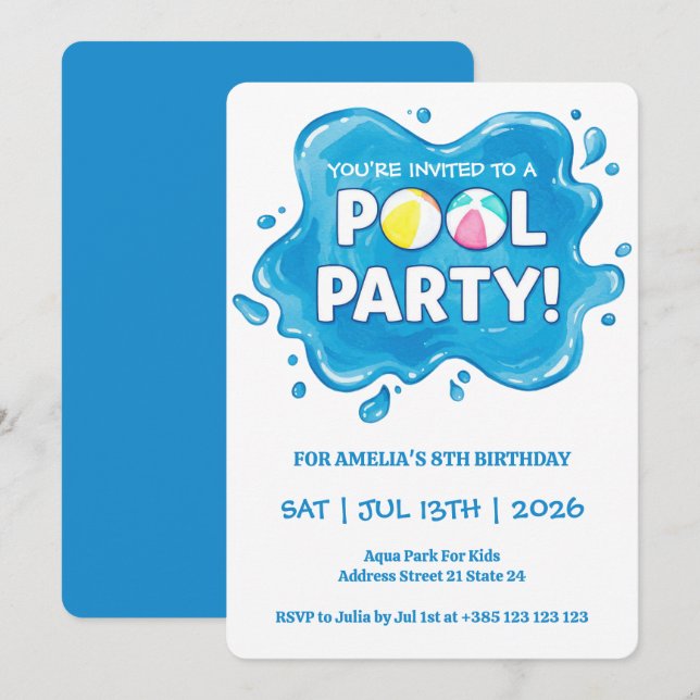 Bjud på födelsedagen bassäng Party Stänk Inbjudningar (Fram/baksida)