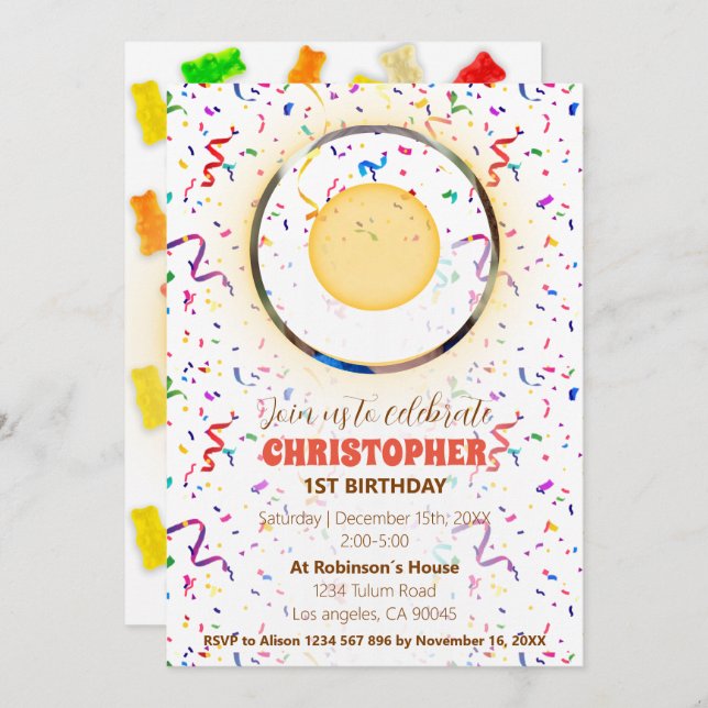 Bjud på födelsedagen för konfetti och gummier inbjudningar (Fram/baksida)