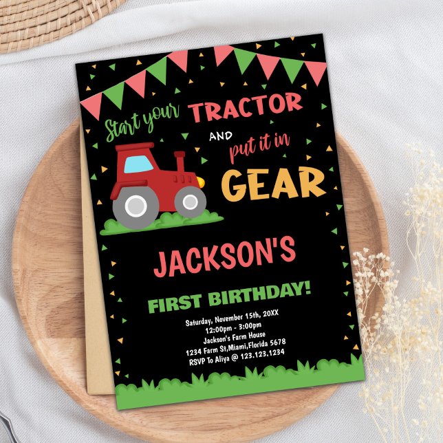 Bjud på födelsedagen för Red Flaggor Tractor Inbjudningar (1st Red Flags Tractor Birthday Invitations)